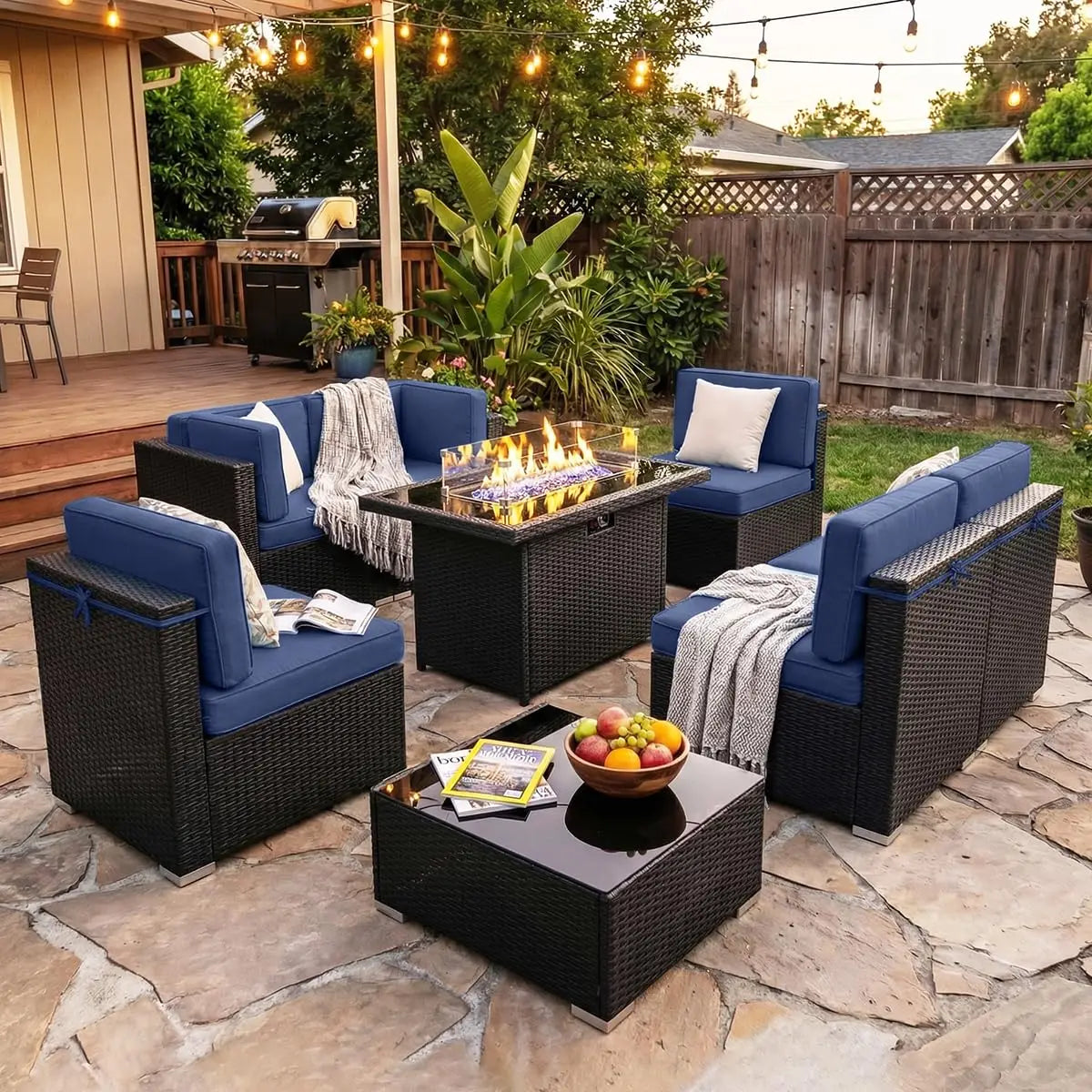 Xiaolang Outdoor Wicker Patio Sofa Set With Fire Pit Table