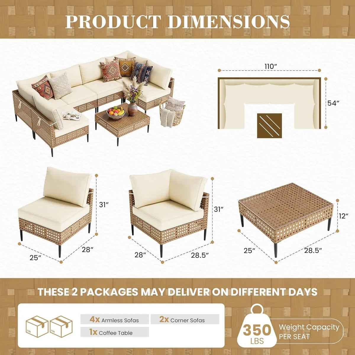 Modern Bamboo Outdoor Sectional Sofa With Glass Table