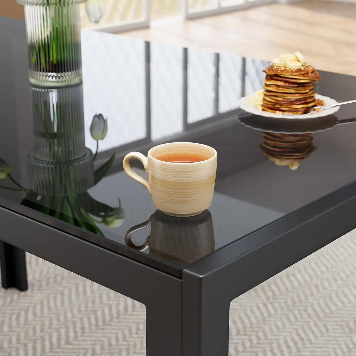 Modern Bamboo Dining Set With Tempered Glass And Four Chairs