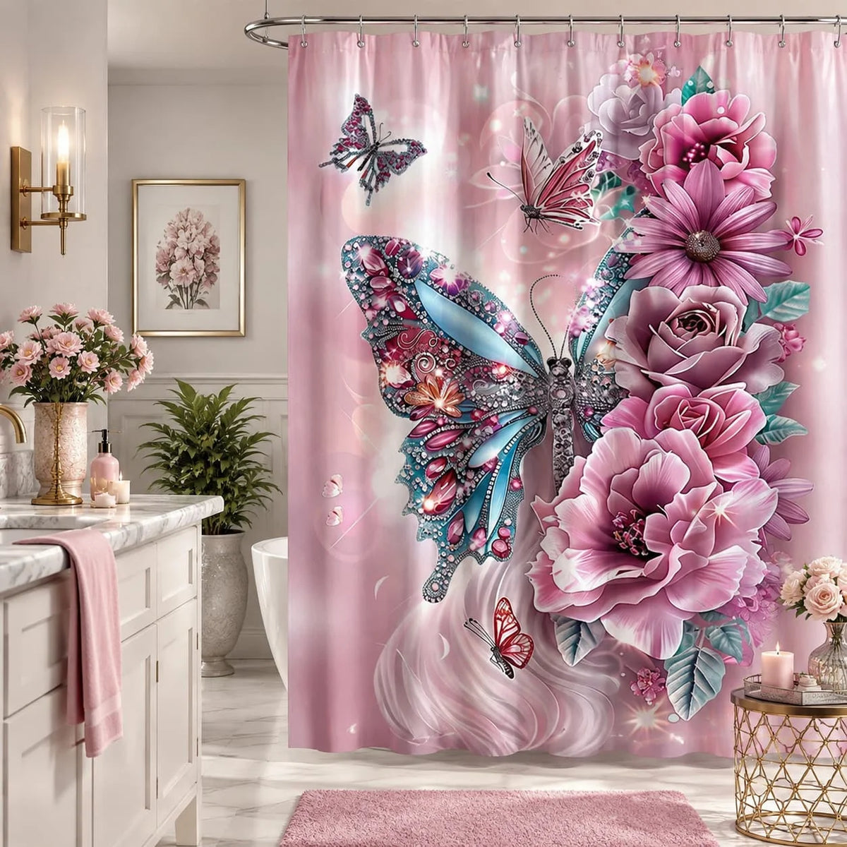 Floral Butterfly Shower Curtain with Hooks for Bathroom Decor