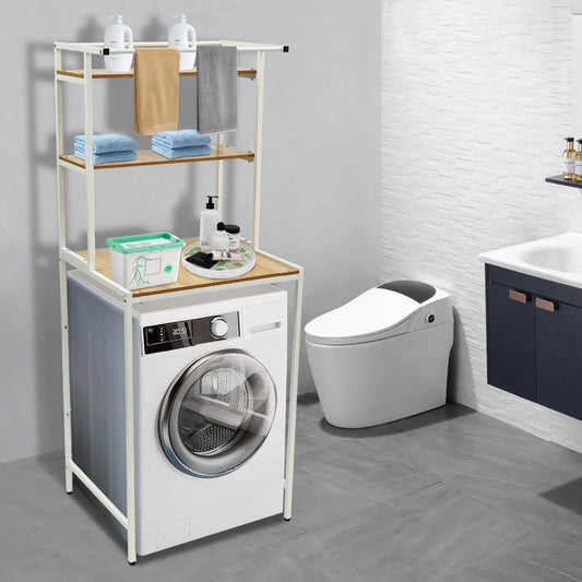 3-Tier Washer and Dryer Storage Shelf Bathroom Space Saving Organizer Rack with Clothes Hanging Rod Rail Towel Handbag Rack