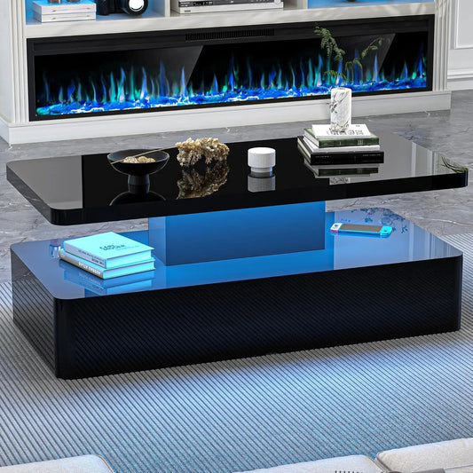 Contemporary LED Coffee Table Two Tier Wooden Hidden Power Design