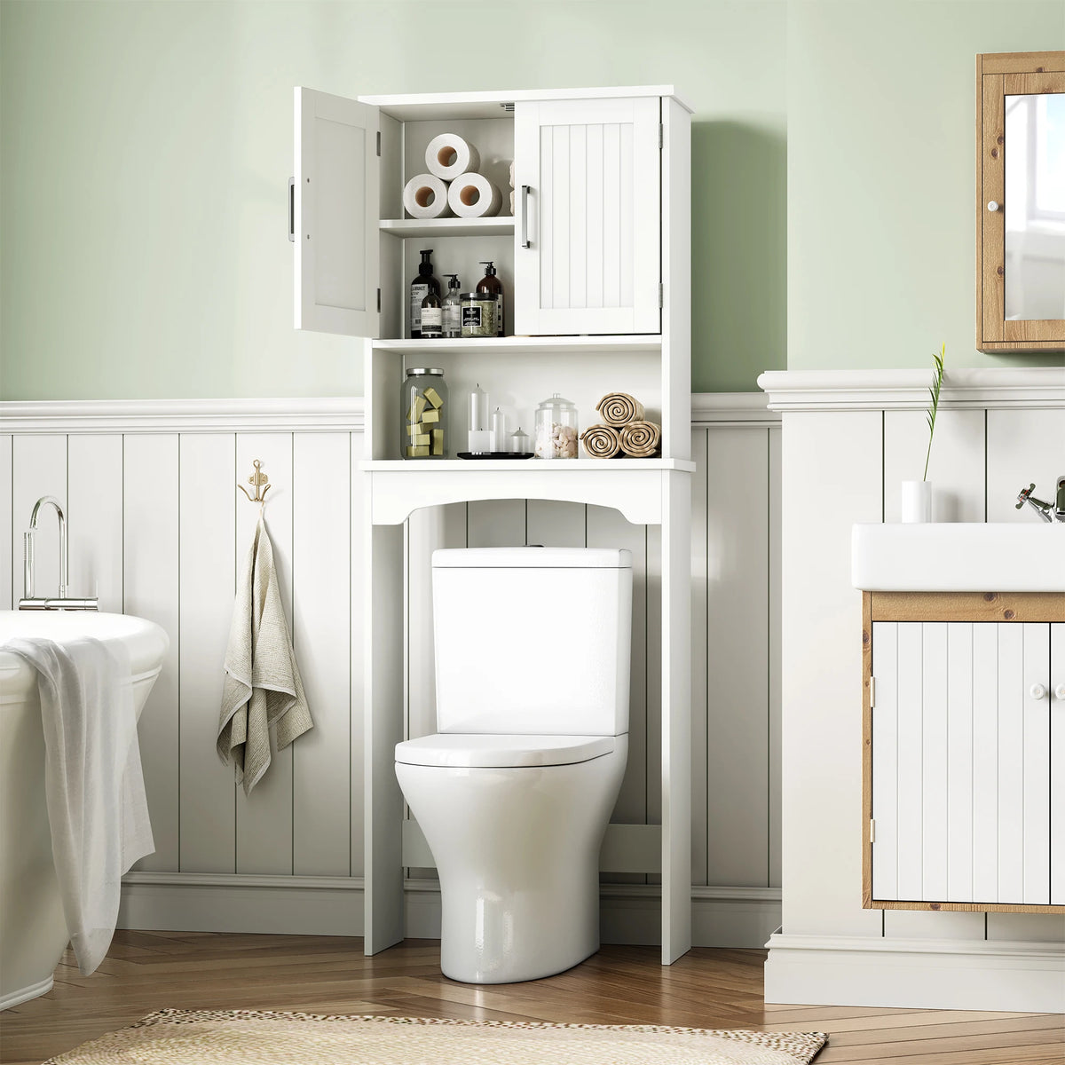 Over The Toilet Storage Cabinet with Double Doors and Anti-Tip Device, Above Toilet Bathroom Organizer with Open Shelf, Taller