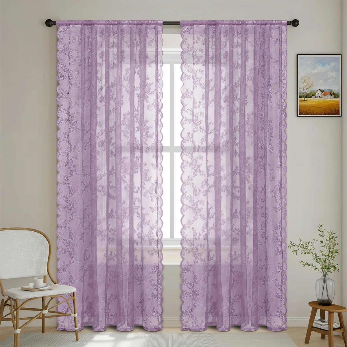 Romantic Flower Lace Sheer Window Curtain With Rod Pocket