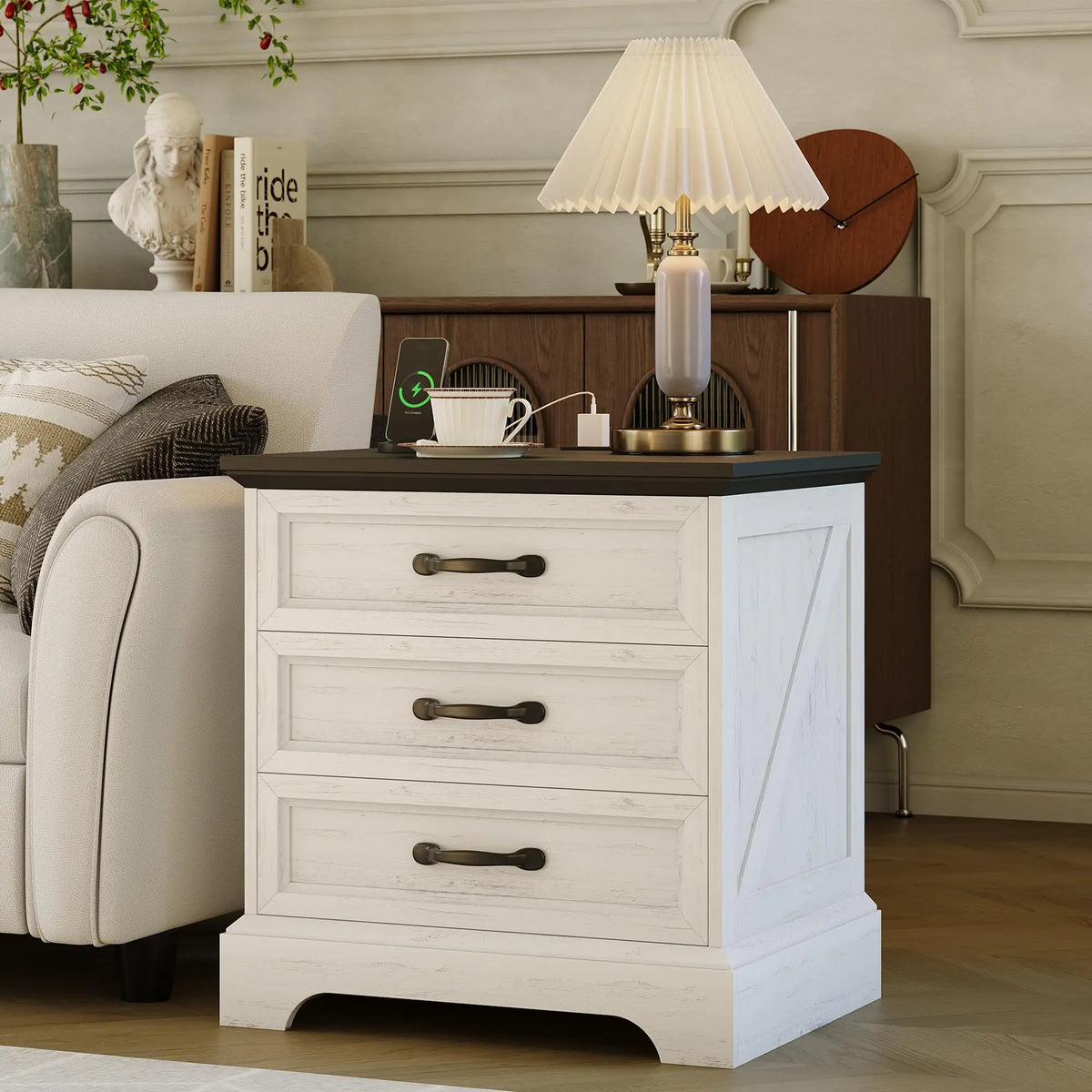 Modern Farmhouse Wood Nightstand With Charging Station And Three Drawers
