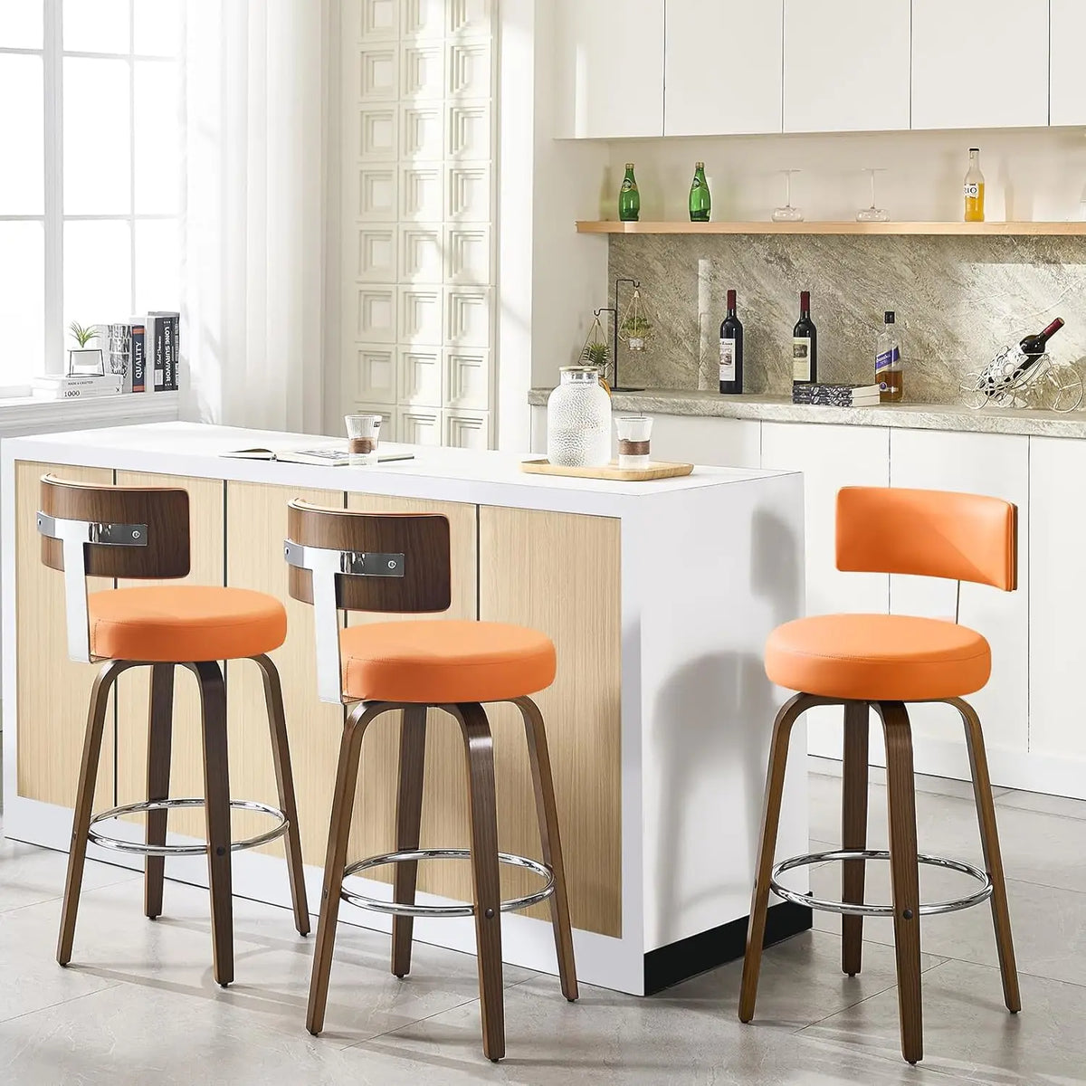 Elegant Kitchen Bar Stools With Leather Cushions And Wood Frames