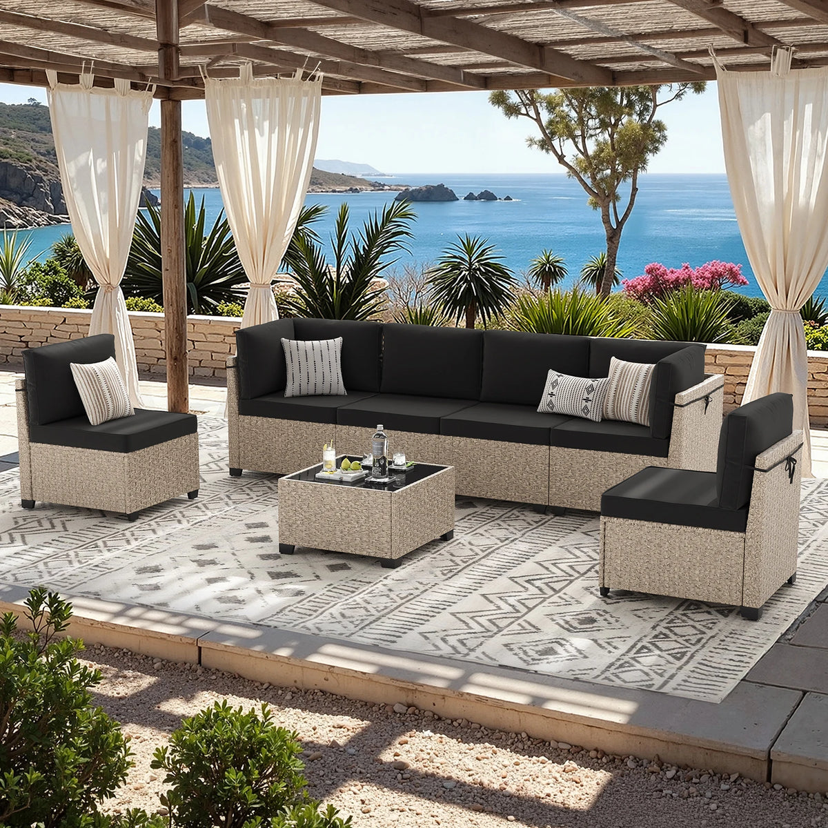 Outdoor Rattan Patio Furniture Set With Tempered Glass Table