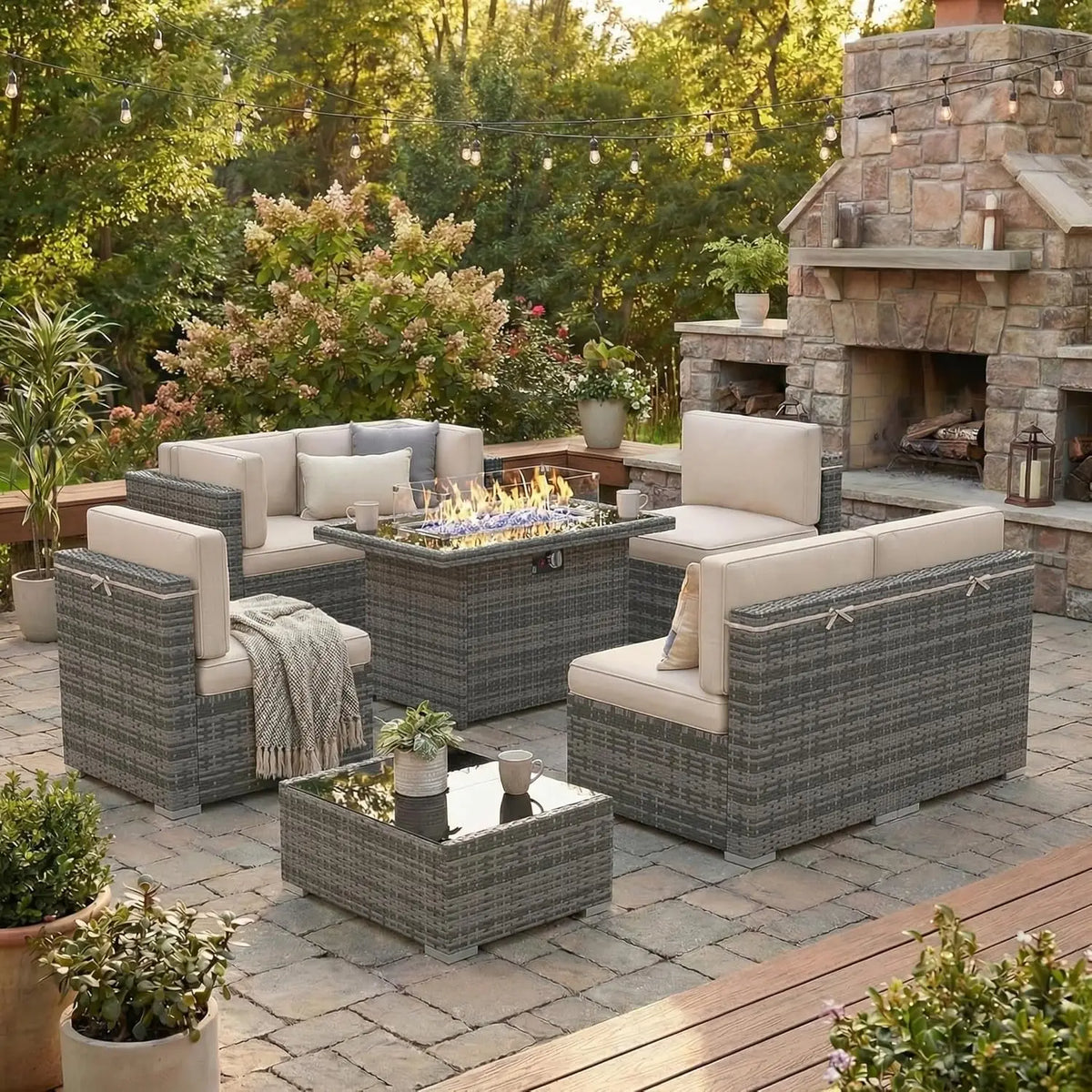 Xiaolang Outdoor Wicker Patio Sofa Set With Fire Pit Table