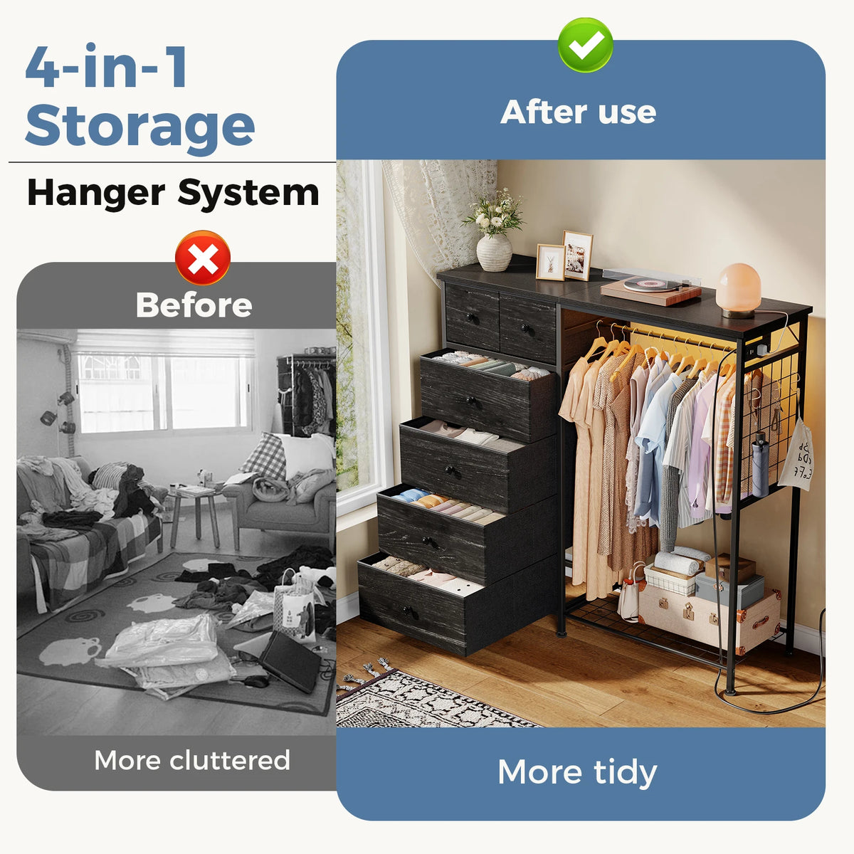 JHK Fabric Dresser With Hanging Rack And Charging Station Storage