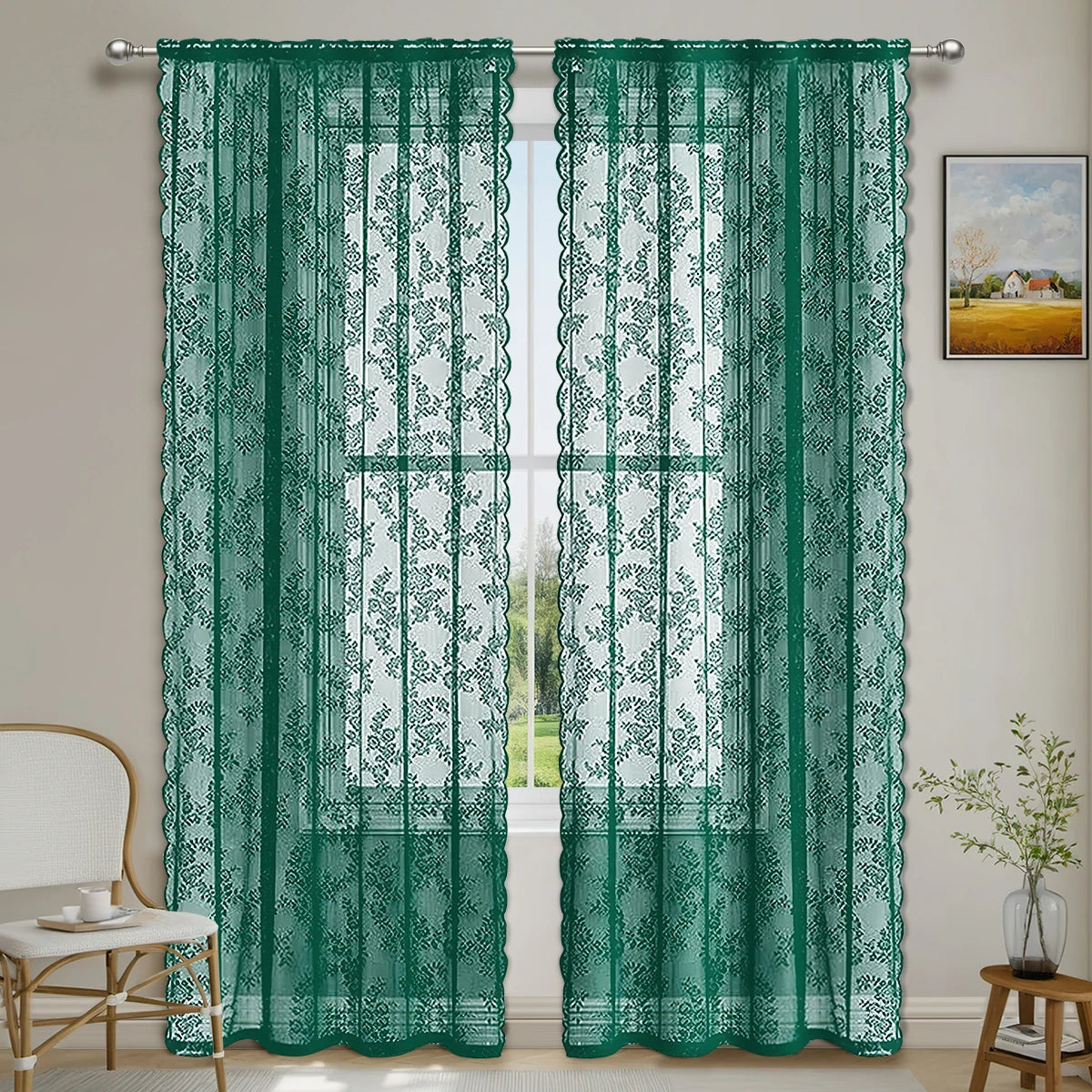 Romantic Flower Lace Sheer Window Curtain With Rod Pocket