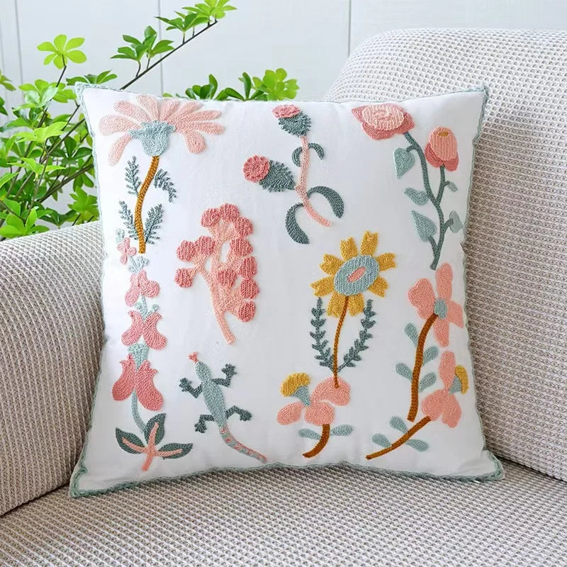 Floral Embroidered Cotton Blend Nordic Style Pillow Cover For Sofa