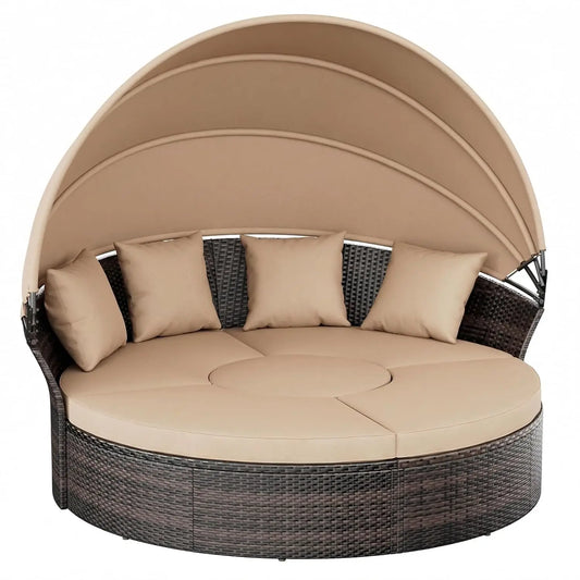Outdoor Patio Daybed Retractable Canopy Wicker Rattan Sectional Round Sofa