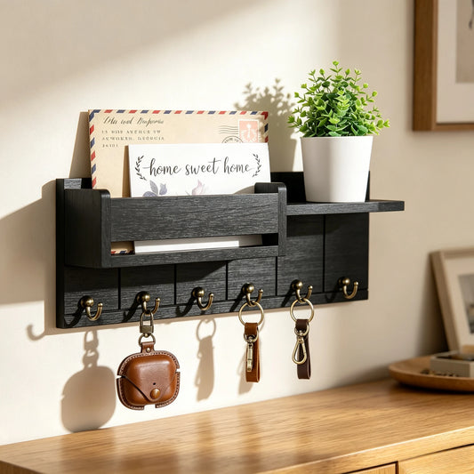 Wooden Wall Mounted Key Rack With Mail Holder And Tray