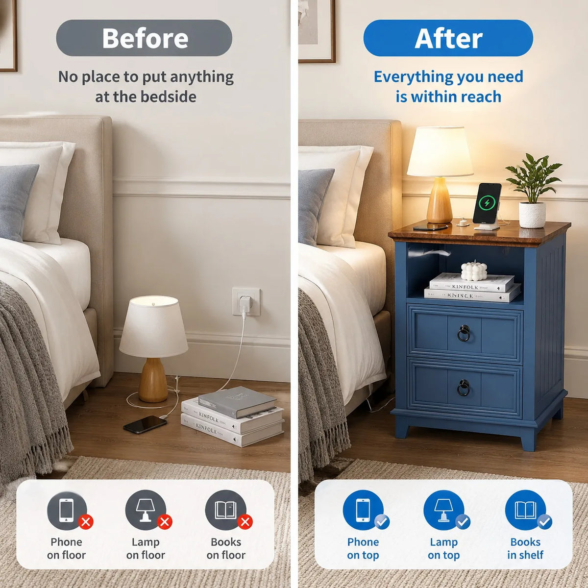 Modern Fluted Wood Nightstand With Usb Charging Station And Shelf