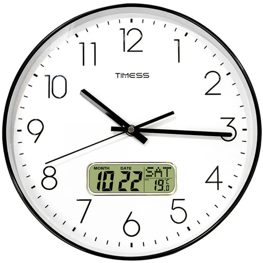 TIMESS Quartz Wall Clock with Date Display, Available In 10/12/14 Inch Sizes And 4 Colors, Features 3D Numerals And An LCD Displ