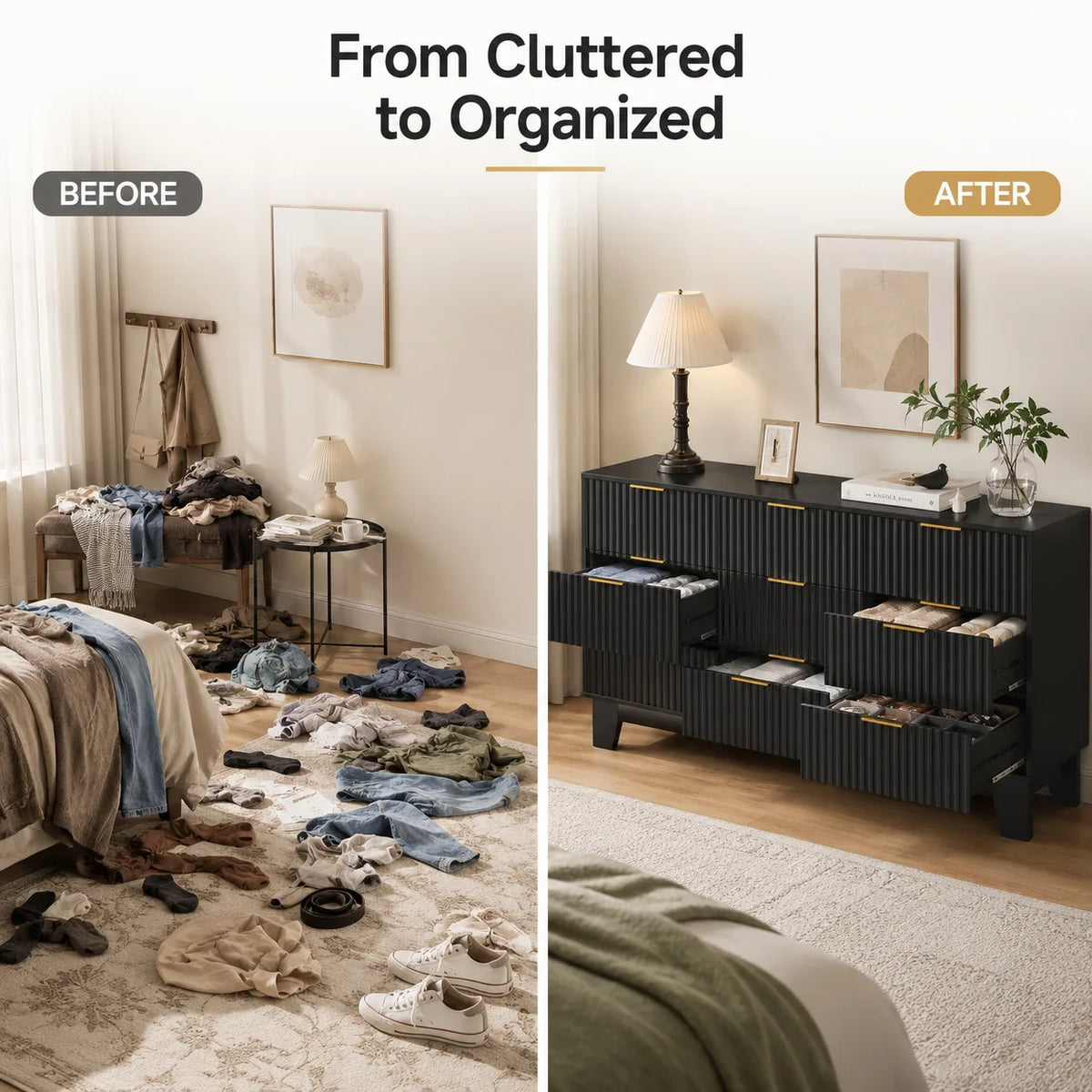 Modern Fluted Wood Nine Drawer Dresser With Storage Cabinet