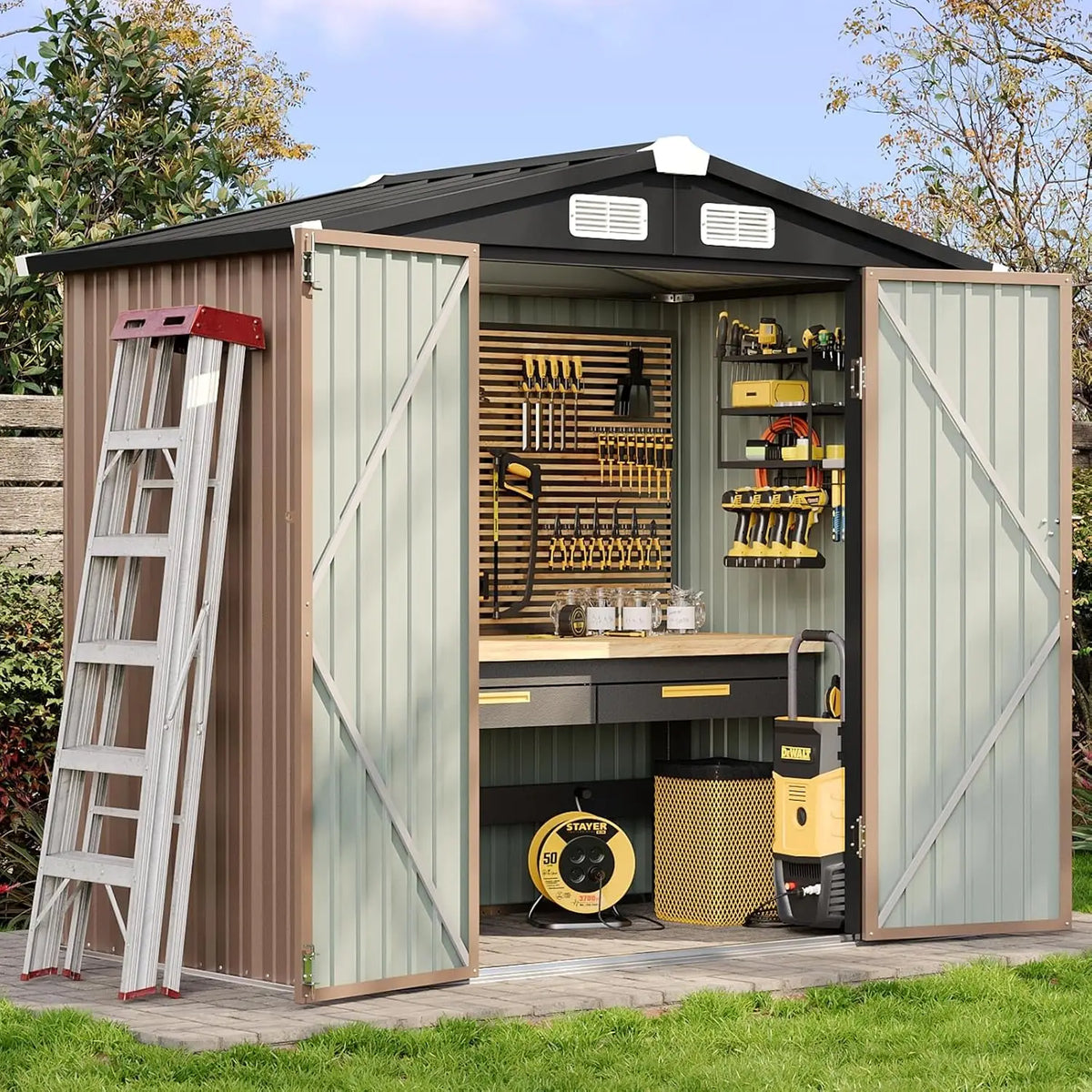 Lockable Metal Storage Shed With Sloped Roof For Outdoor Gardens