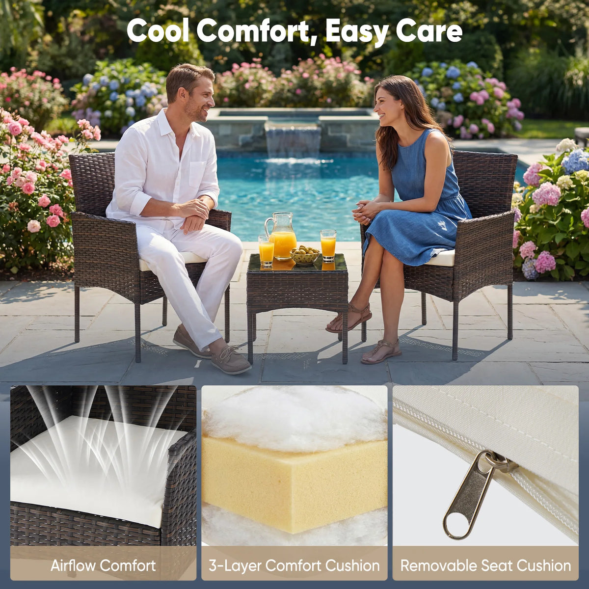 JHK All Weather Wicker Patio Bistro Set With Glass Table