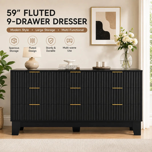 Modern Fluted Wood Nine Drawer Dresser With Storage Cabinet