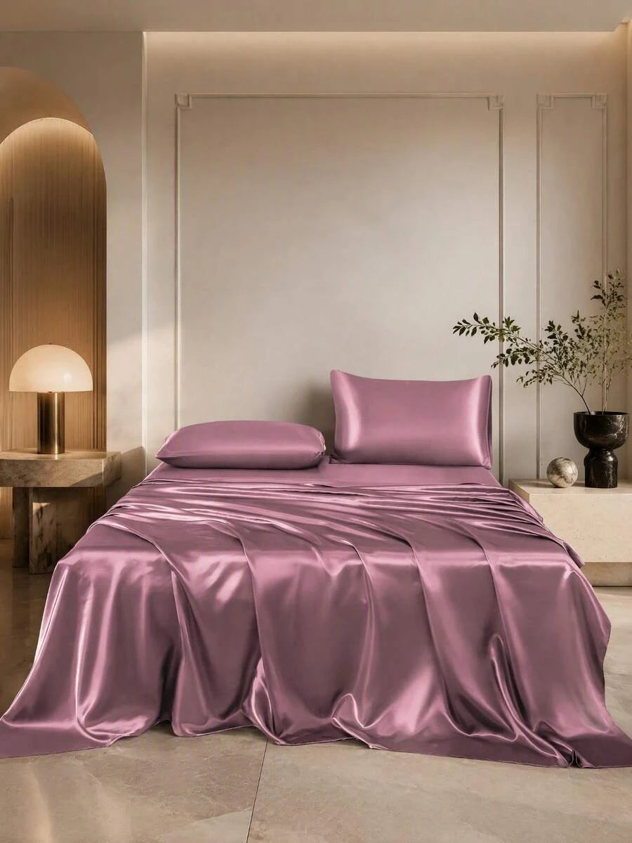 Premium Solid Color Silky Satin Bedding Set 4Piece Fitted Sheet Pillowcases