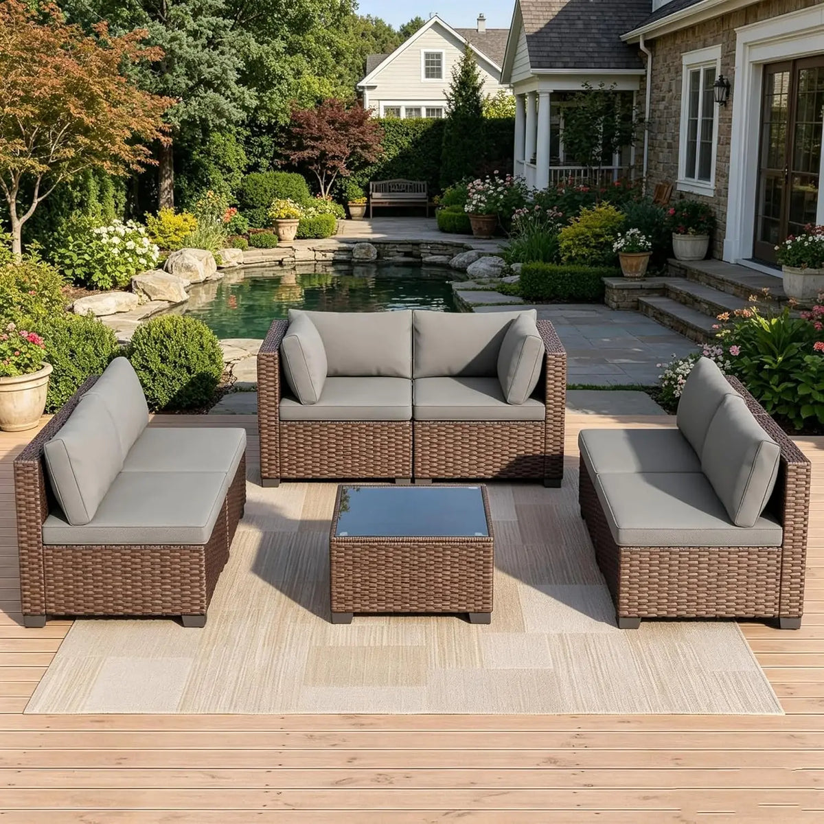 Xiaolang Outdoor Patio Sectional Sofa With Glass Table And Cushions