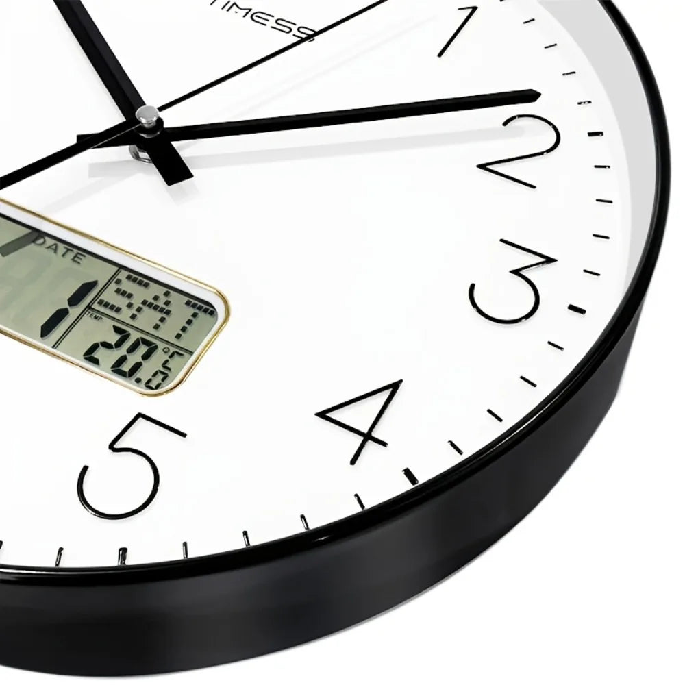 TIMESS Quartz Wall Clock with Date Display, Available In 10/12/14 Inch Sizes And 4 Colors, Features 3D Numerals And An LCD Displ