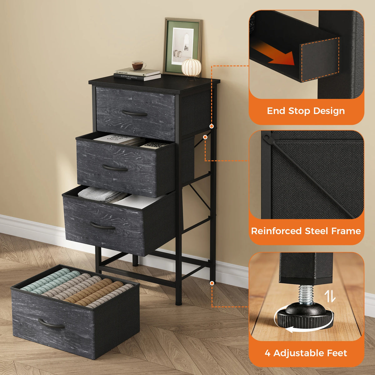 JHK Fabric Drawer Cabinet With Wooden Top And Steel Frame