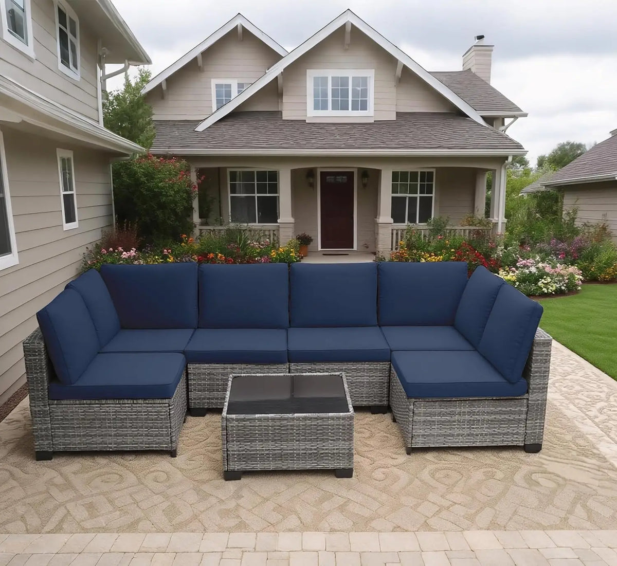 Xiaolang Outdoor Patio Sectional Sofa With Glass Table And Cushions