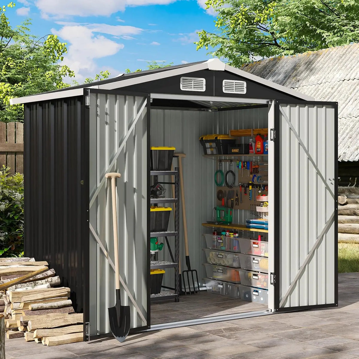 Lockable Metal Storage Shed With Sloped Roof For Outdoor Gardens