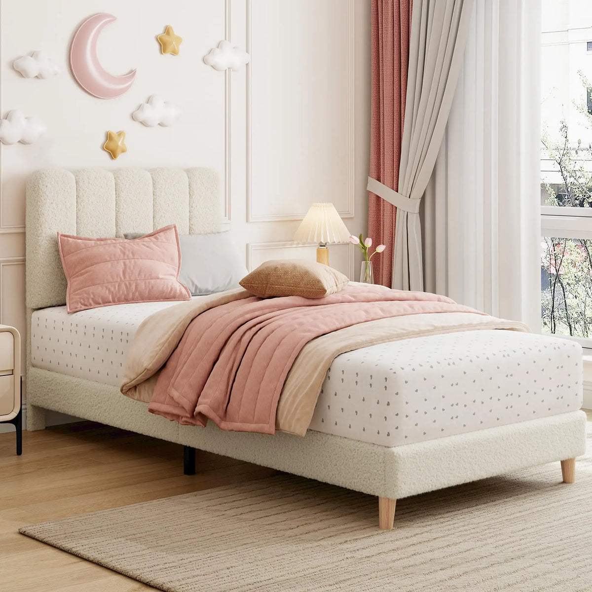 Modern Upholstered Platform Bed With Wave Headboard And Wooden Slats