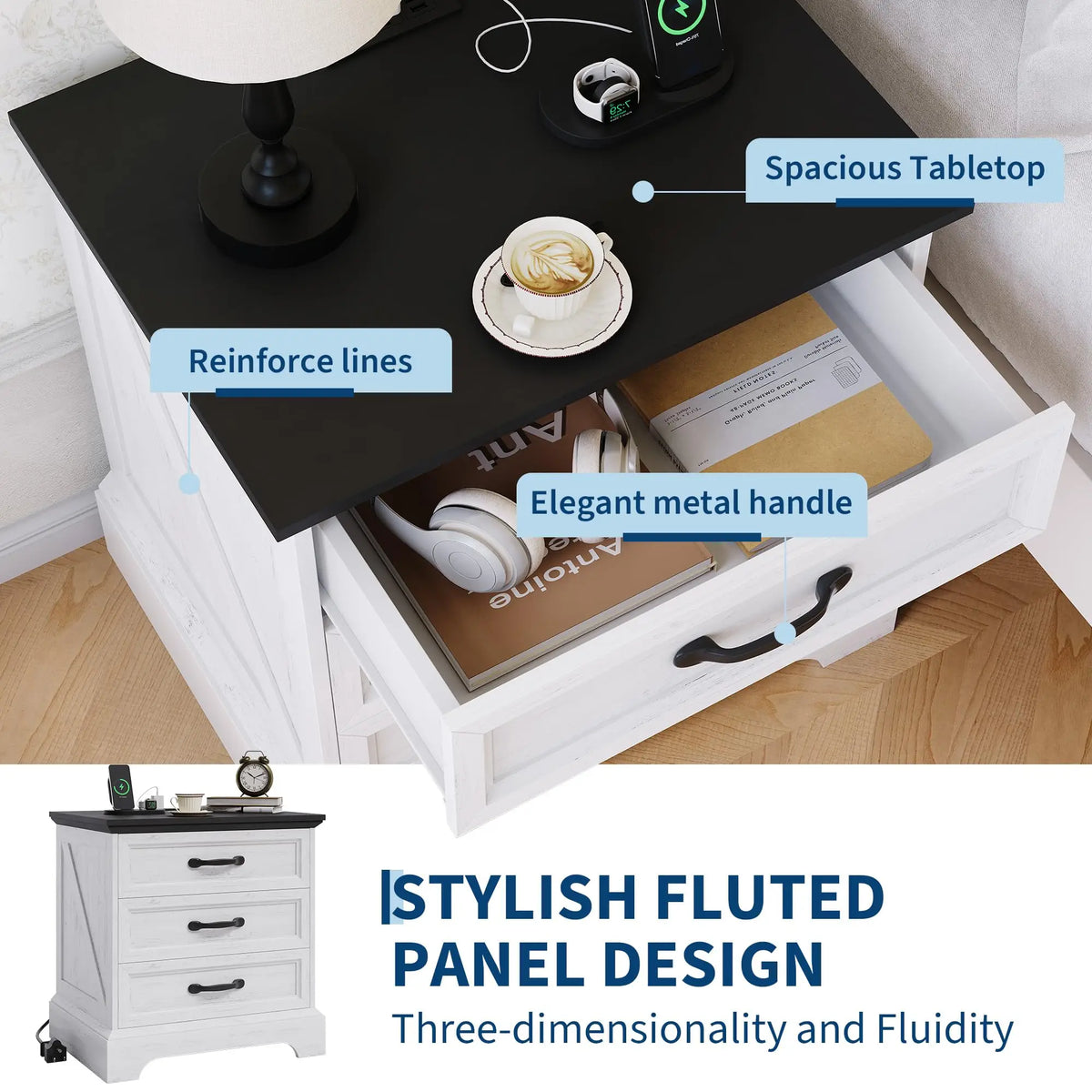 Modern Farmhouse Wood Nightstand With Charging Station And Three Drawers