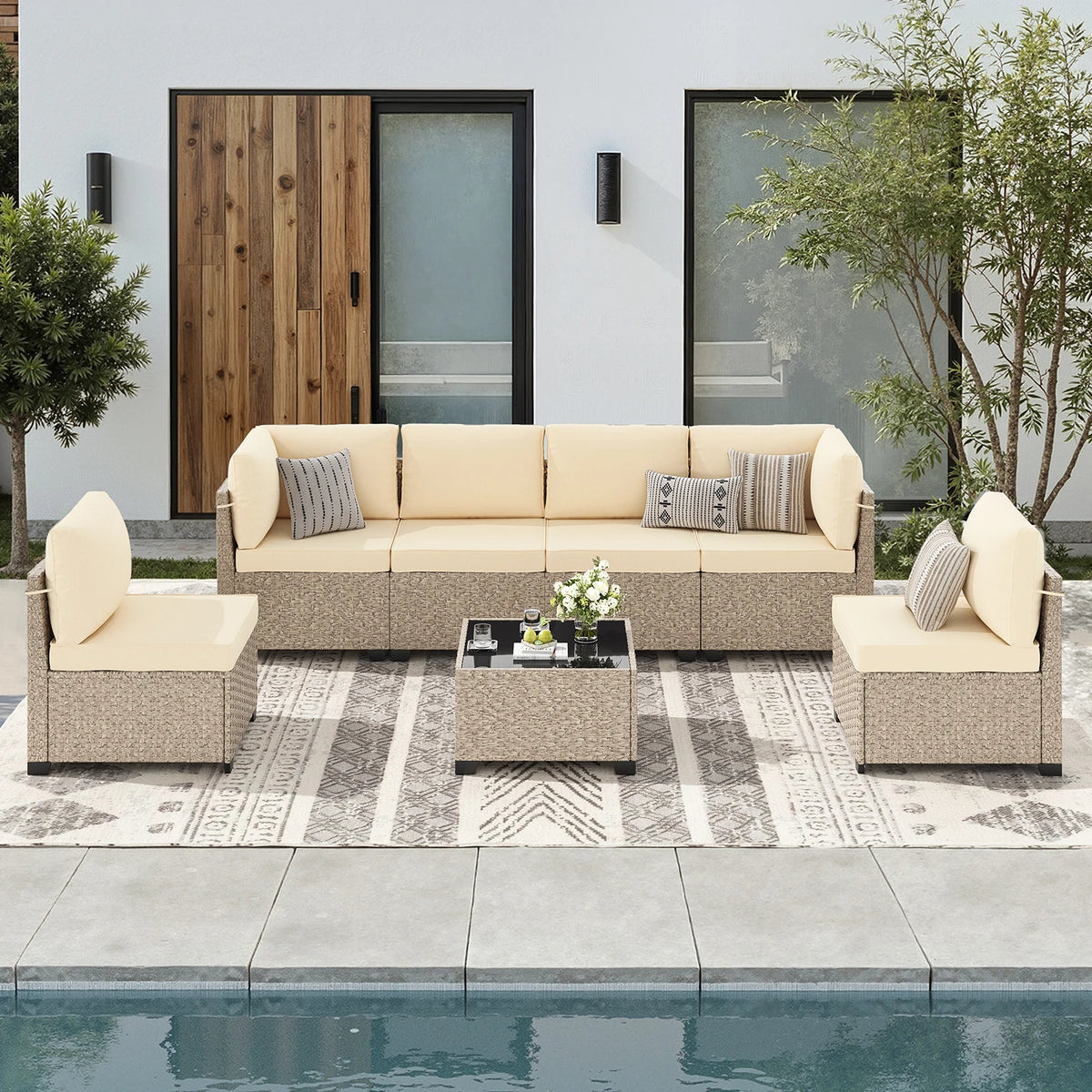 Outdoor Rattan Patio Furniture Set With Tempered Glass Table