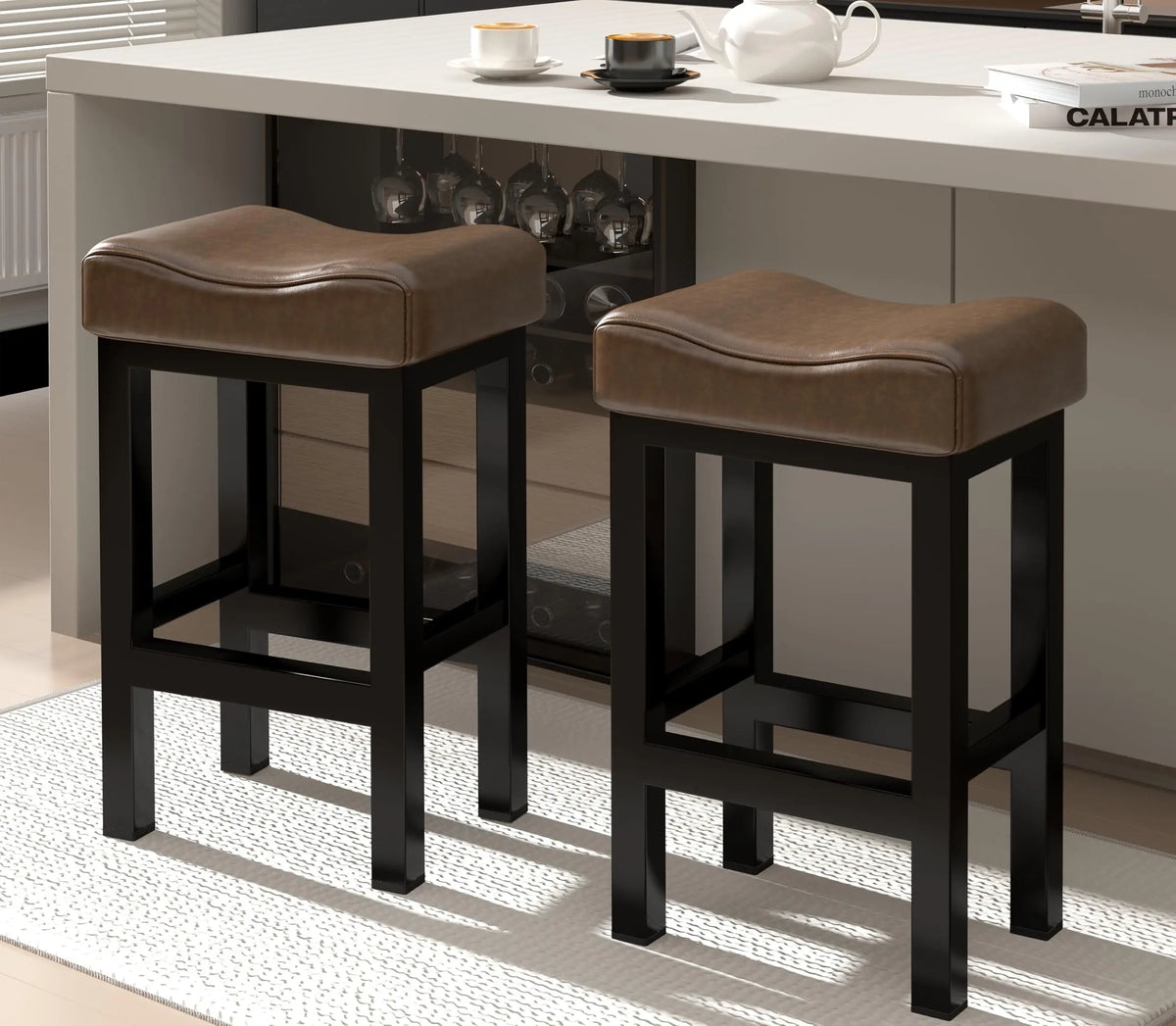 Thick Faux Leather Counter Height Bar Stools With Metal Frame