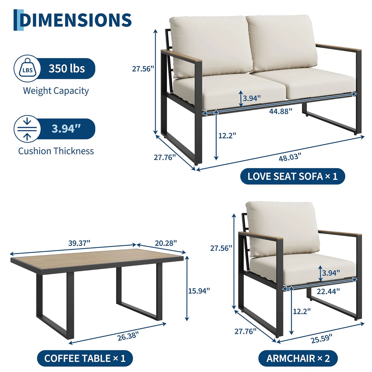 HobbyLane 4 Piece Outdoor Patio Sofa Set With Coffee Table