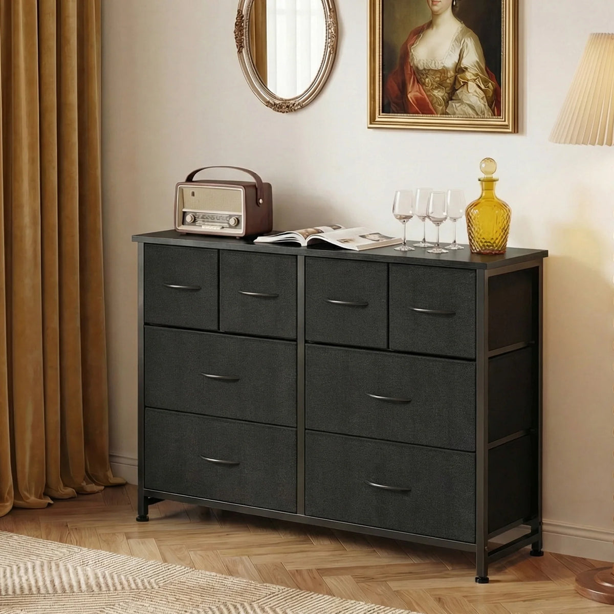 JHK Modern Fabric Drawers Dresser With Wood Top
