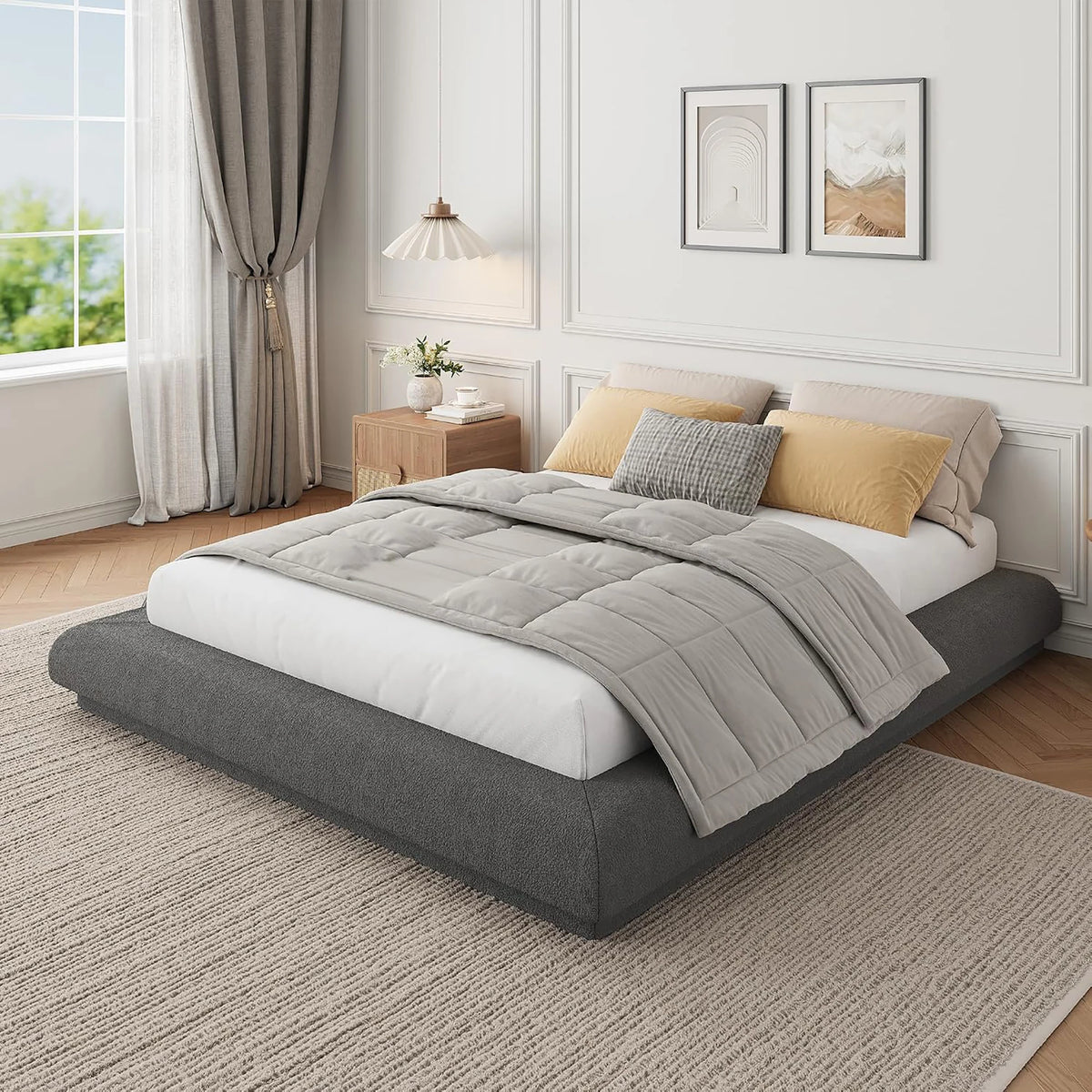 HiMISS Upholstered Cloud Platform Bed Frame With Metal Slats