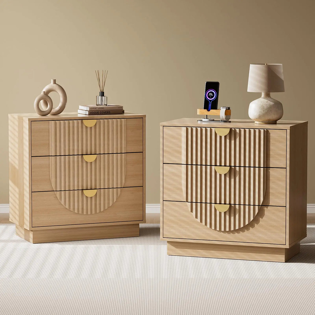 Modern Wood Nightstand With Three Drawers And USB Charging Port