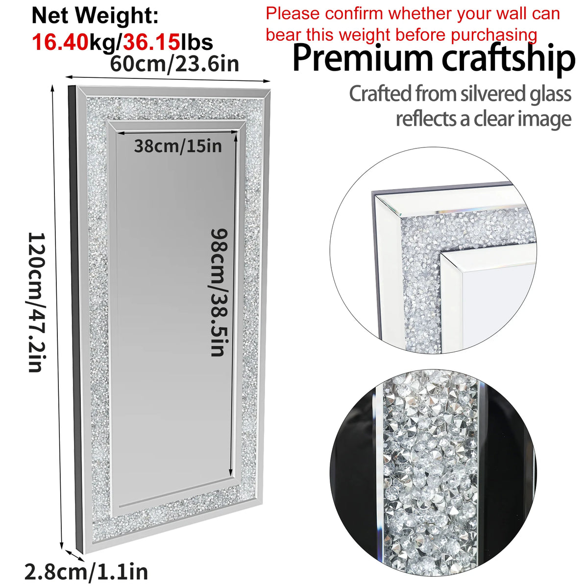Crystal Crush Diamond Framed Wall Mirror For Home Decor