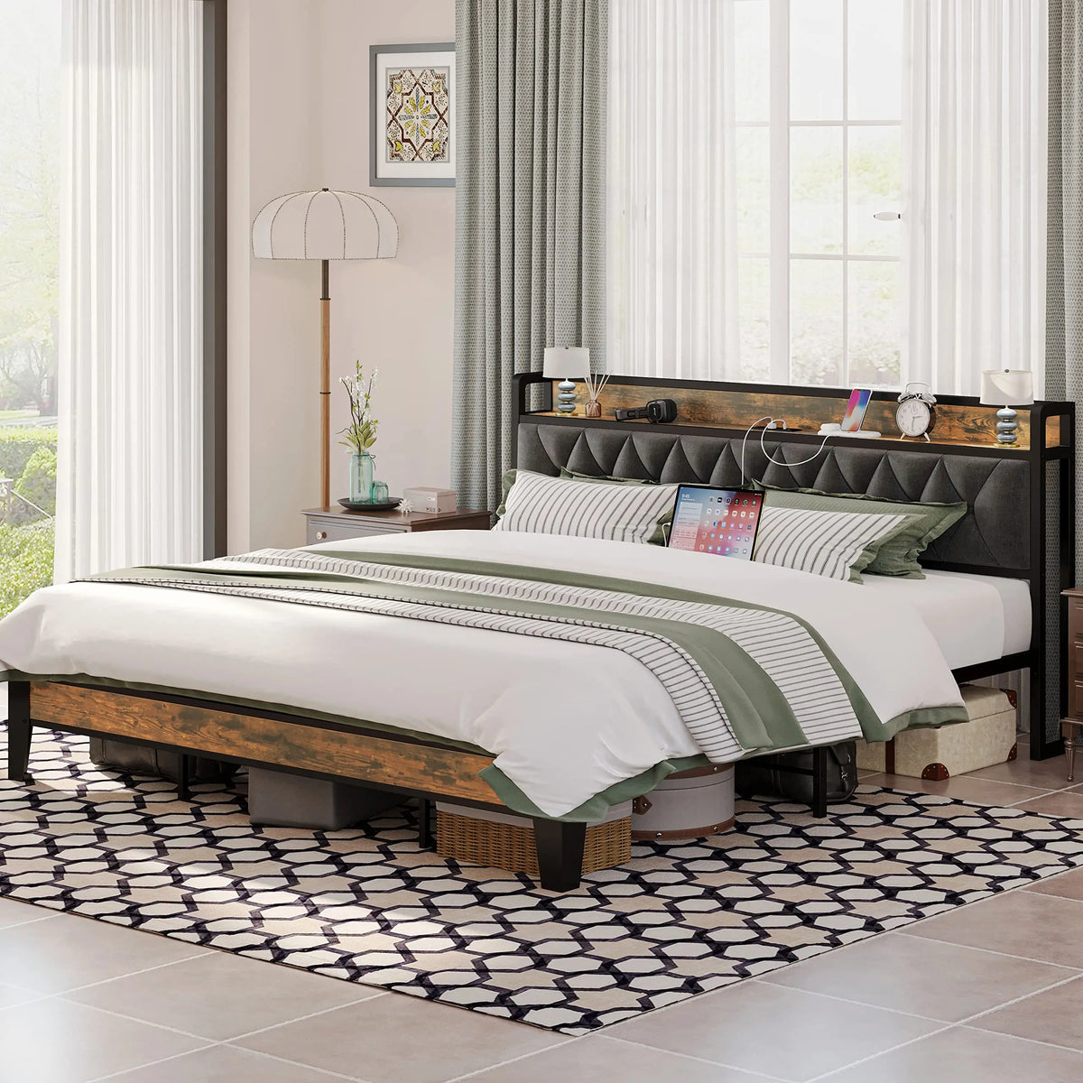 ANCTOR Modern Bed Frame With Storage Headboard Built In Outlets