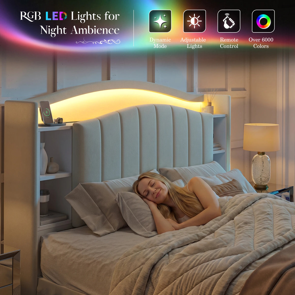 EnHomee Platform Bed Frame With Bookcase Headboard LED Charging Station