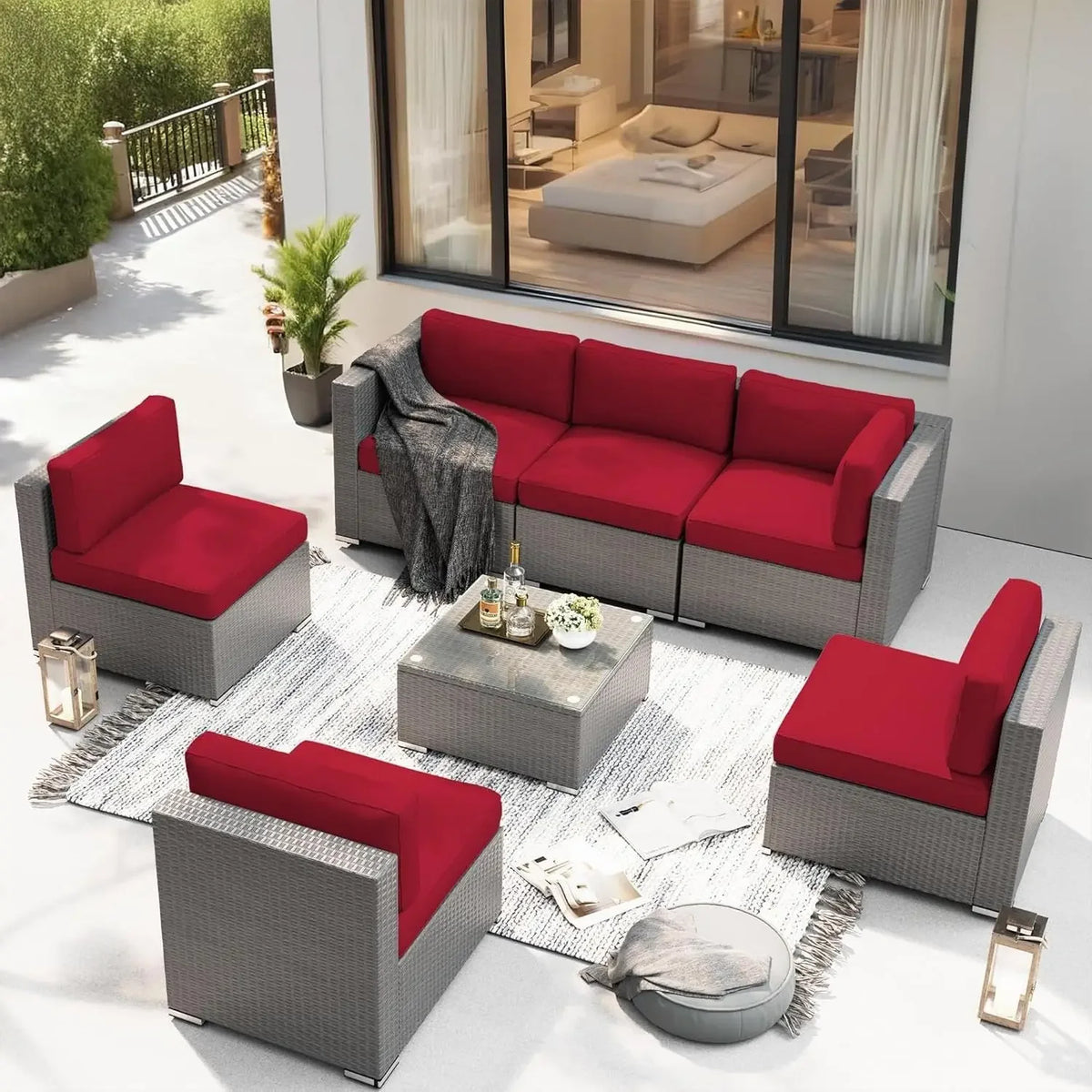 Outdoor Bamboo Patio Sectional Sofa Set with Coffee Table