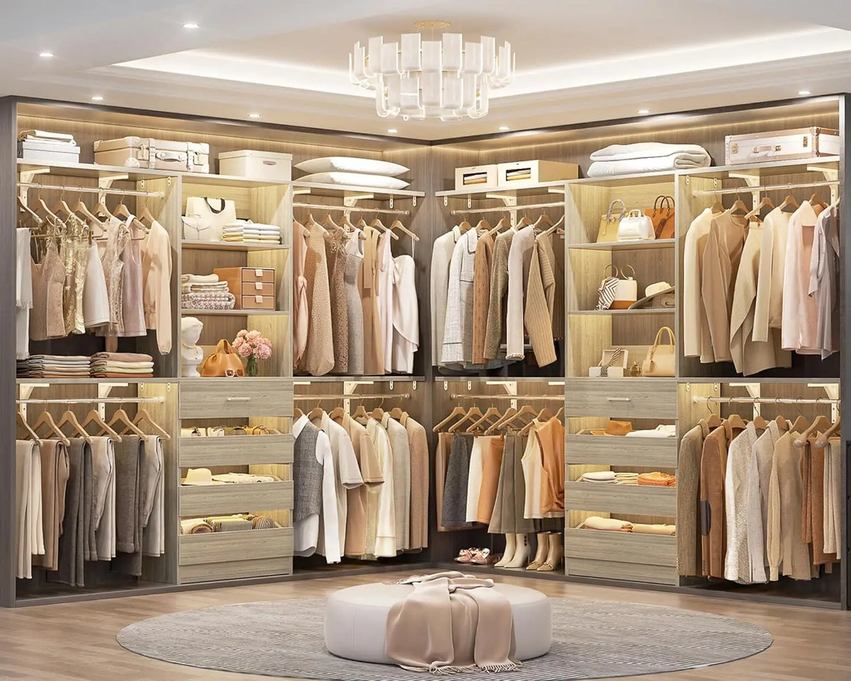 Closet System with Drawers Set of 2, Wood Closet Organizer System with 8 Hanging Rods & Top Shelves, Walk-in, Customized