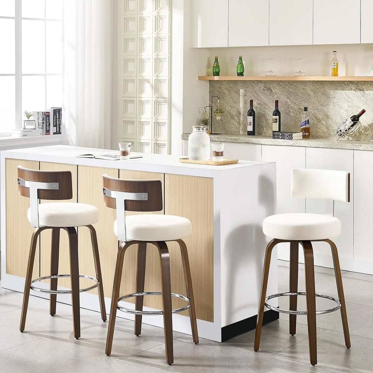 Elegant Kitchen Bar Stools With Leather Cushions And Wood Frames