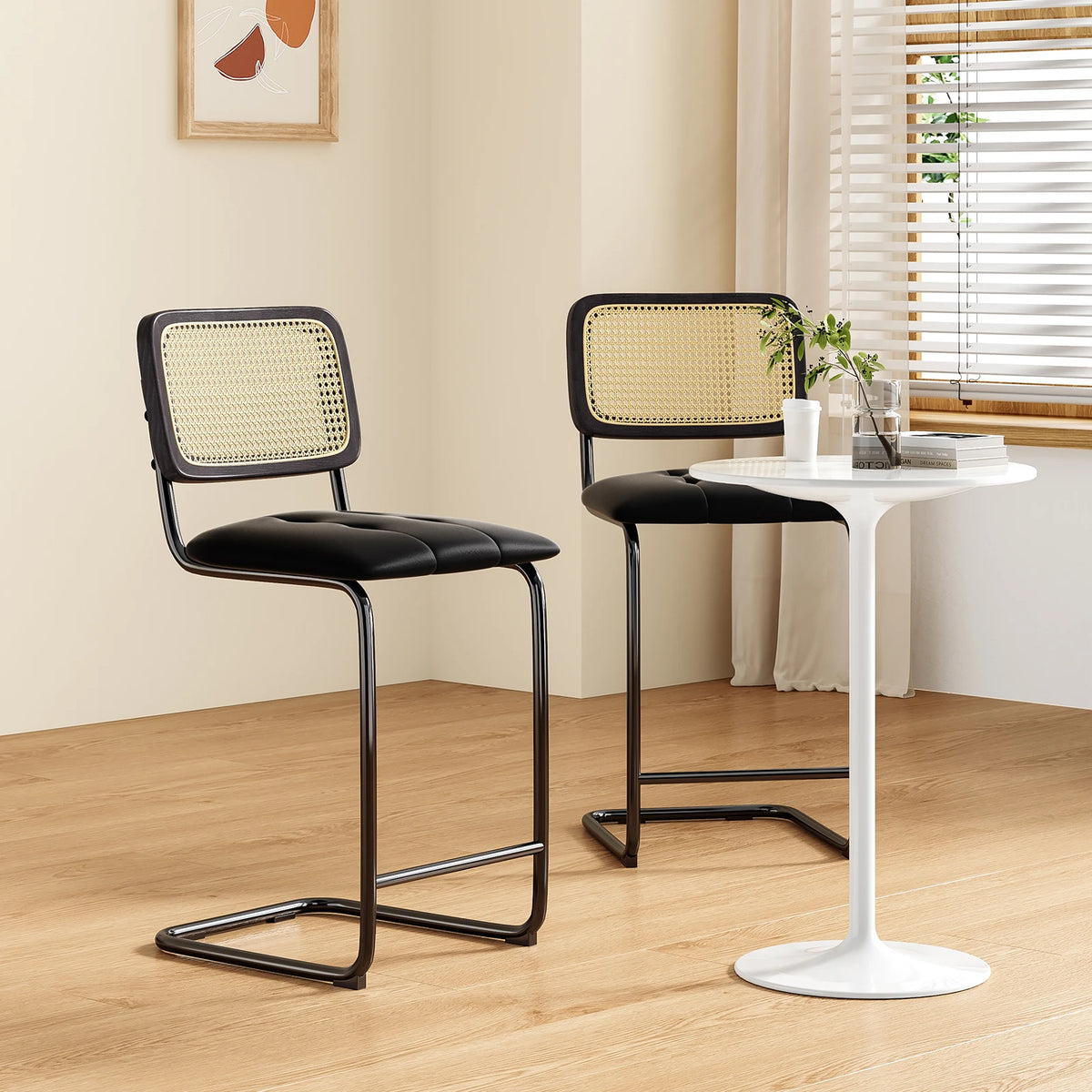 Farini Modern Upholstered PU Leather Rattan Bar Stools
