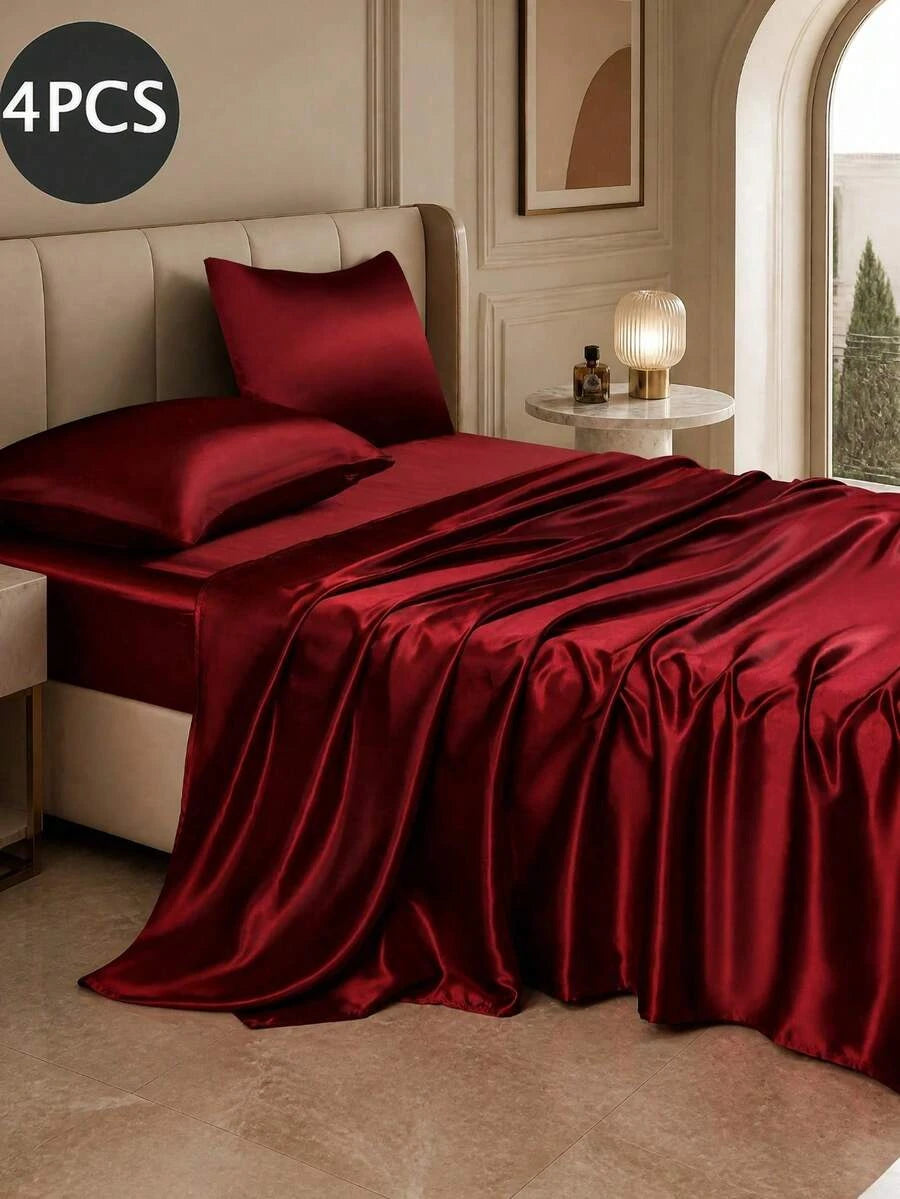Premium Solid Color Silky Satin Bedding Set 4Piece Fitted Sheet Pillowcases