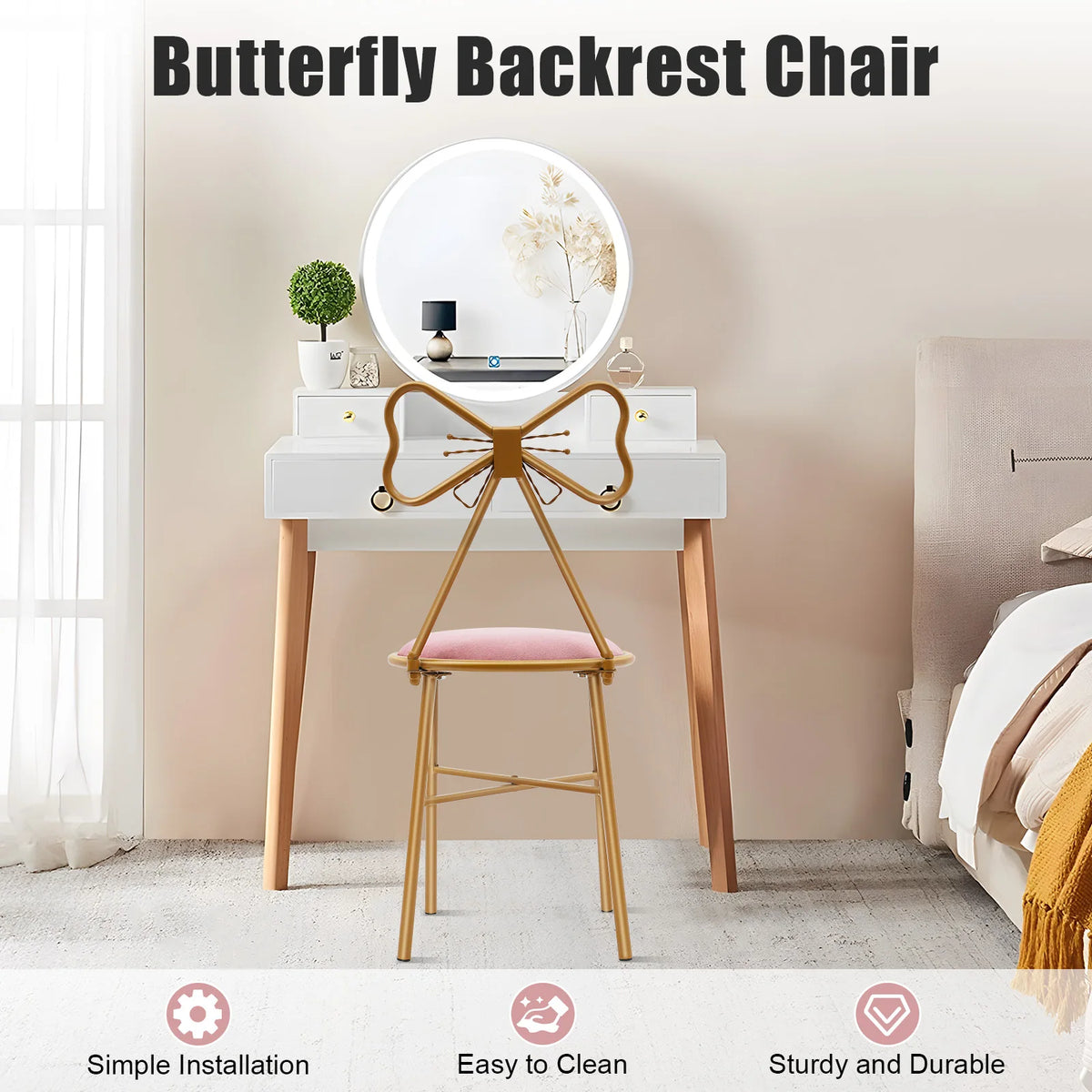 Bymaocar Elegant Butterfly Backrest Dining Chair With Metal Frame