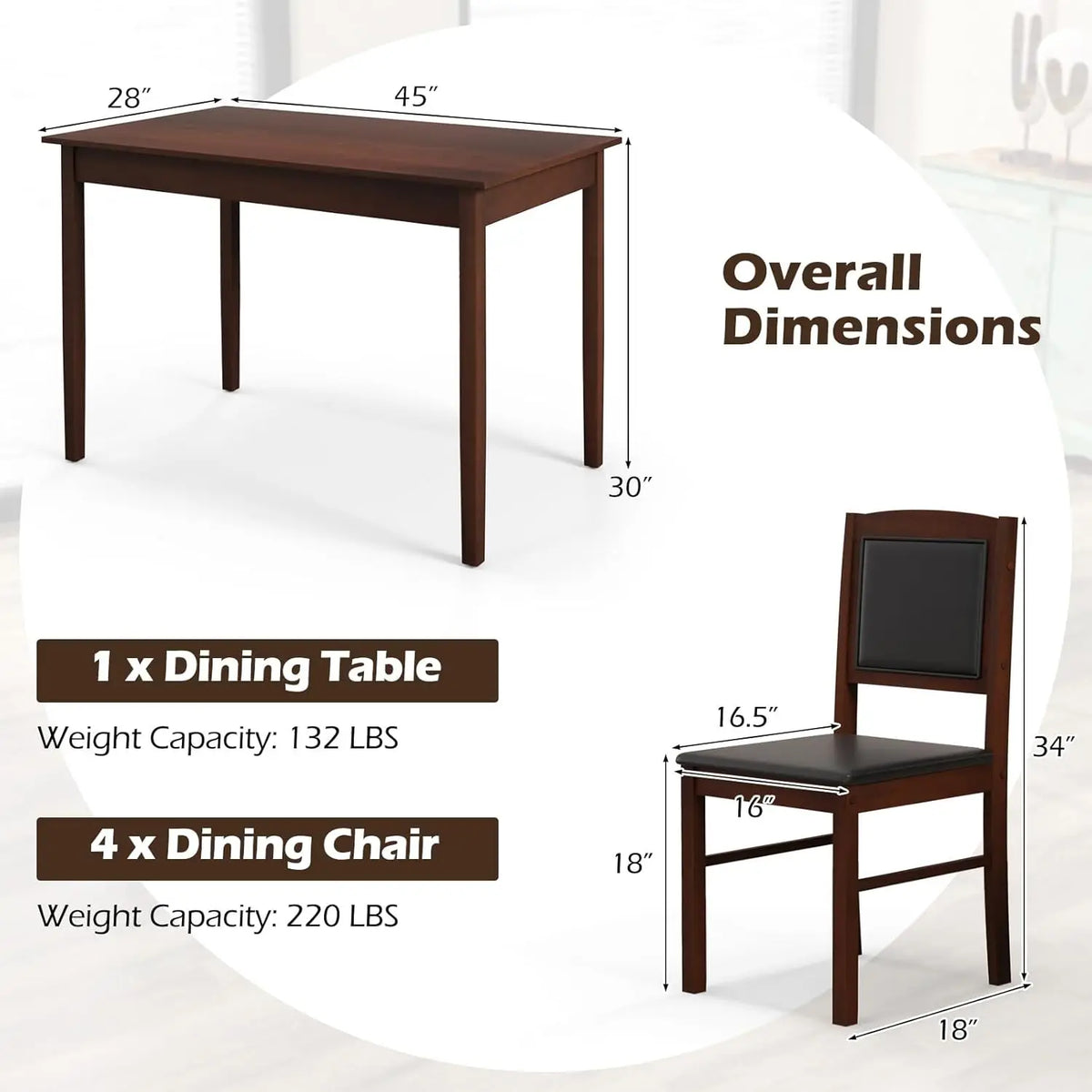 Dining Table Set for 4, Farmhouse Solid Wood Dinette Set w/Rubber Wood Legs, Upholstered Seat & Padded Backrest,, Customized