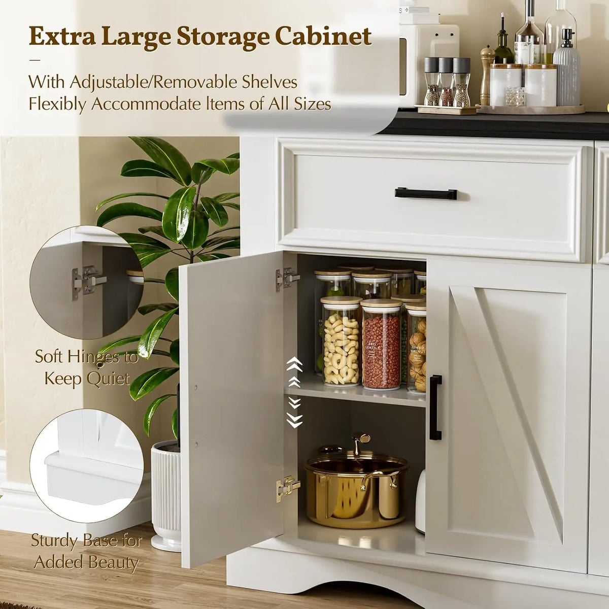 Modern Farmhouse Sideboard Buffet With Charging Station And Soft Close